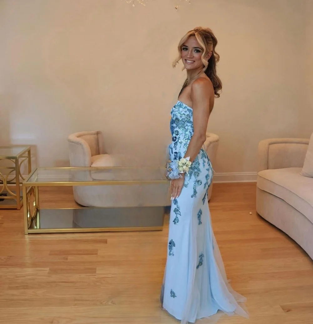 Saudi Arabia Formal Gown Prom Dearin Strapless Column Floor Length Skirts Applique Tulle Bespoke Occasion Dresses Evening Dress