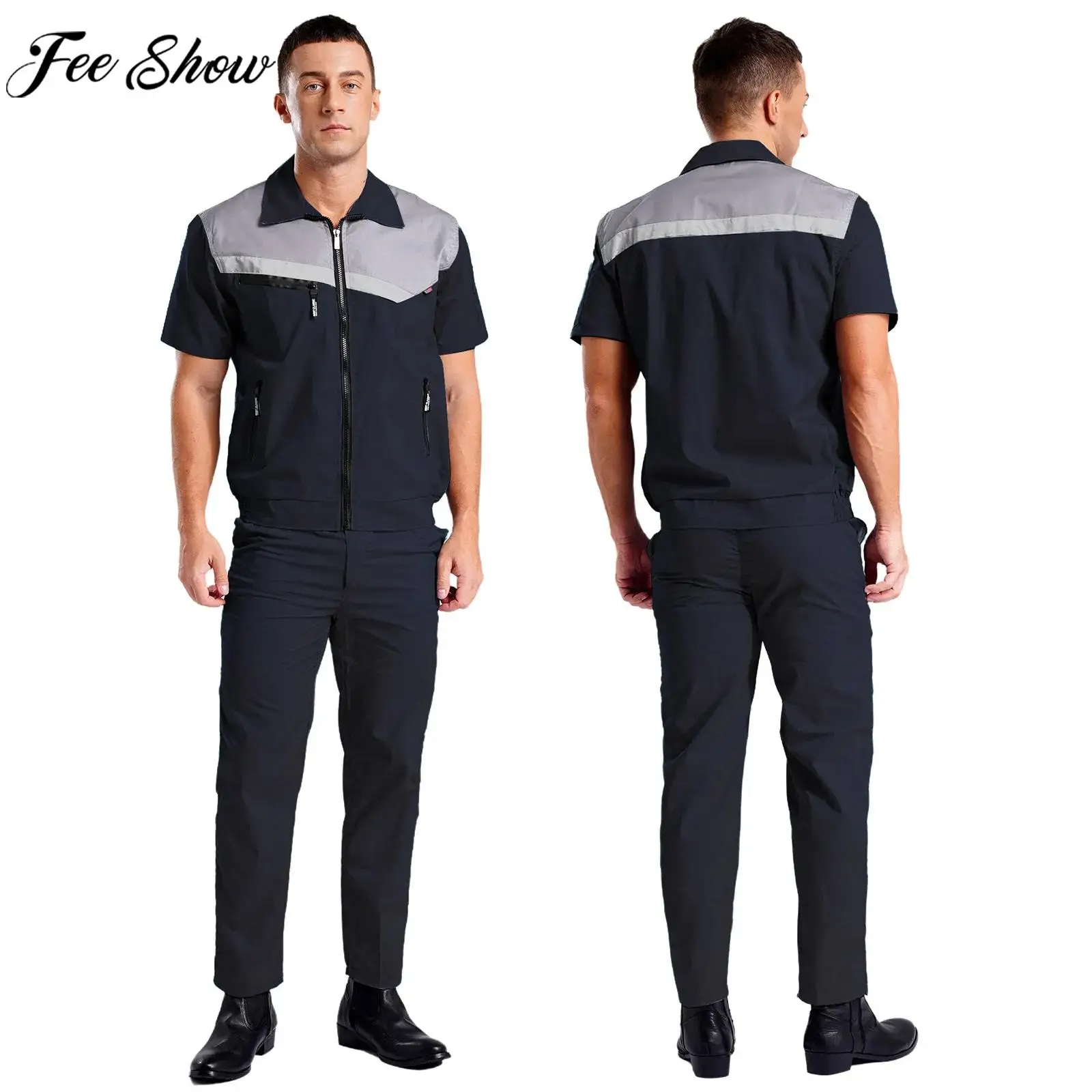 

Adult Dustproof Wear Resistant Workshop Uniform Short Sleeve Reflective Strip Jacket Top with Pants Labor Protection Work Outfit
