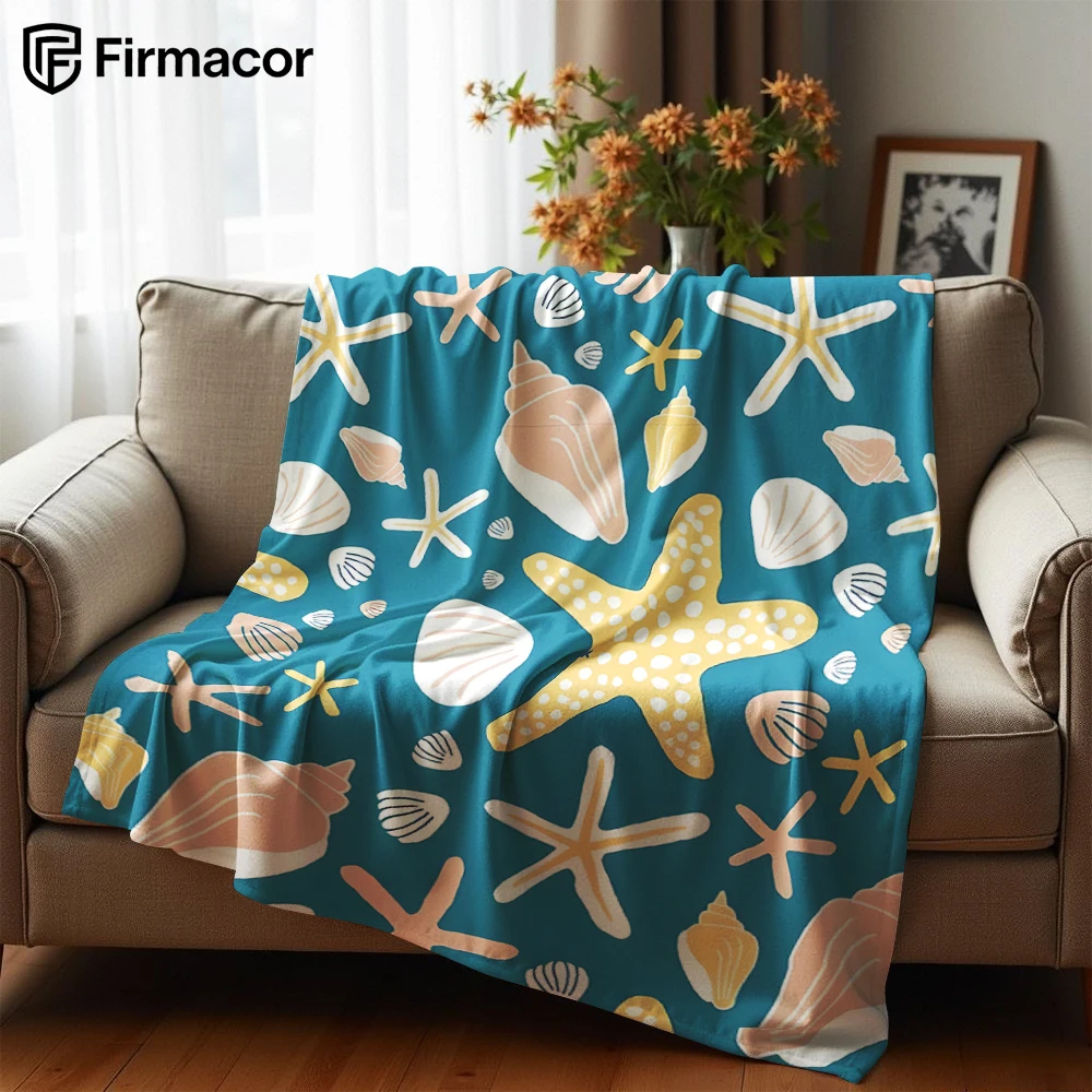 Teal Ocean Starfish Shell Anime Cartoon Flannel Blanket Soft Warm Throw for Bedroom Sofa Car Kids Holiday Gift