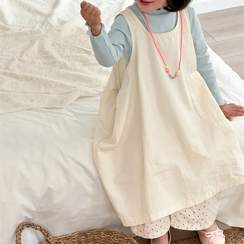 2024 Spring and Autumn New Korean Children's Clothing Simple Solid Color Dress Girls' Pocket Stacked Vest Dress