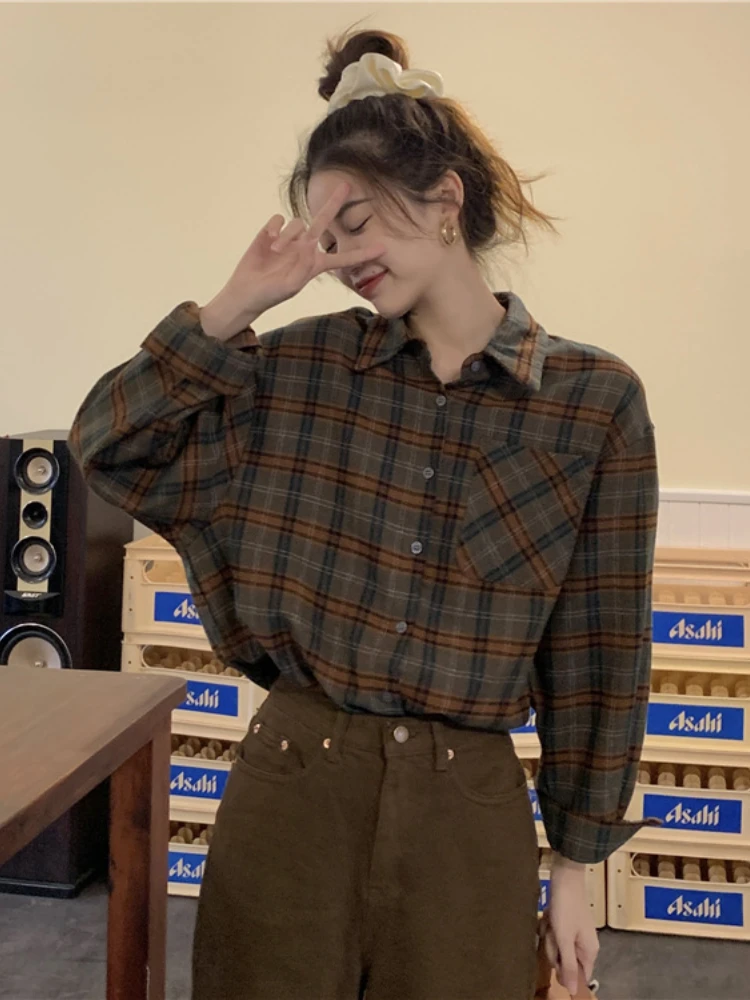 Vintage Plaid Shirts Women Loose Causal Preppy All-match Couples Spring Autumn Outwear Designed Students Aesthetic Clothing Tops