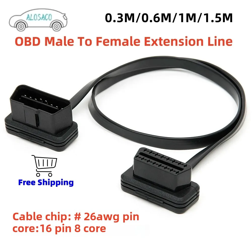 30/60/100CM Flat+Thin As Noodle 16 Pin Socket OBD OBDII 16Pin Male To Female 16 PIN Car Scanner OBD2 Extension Cable Connector