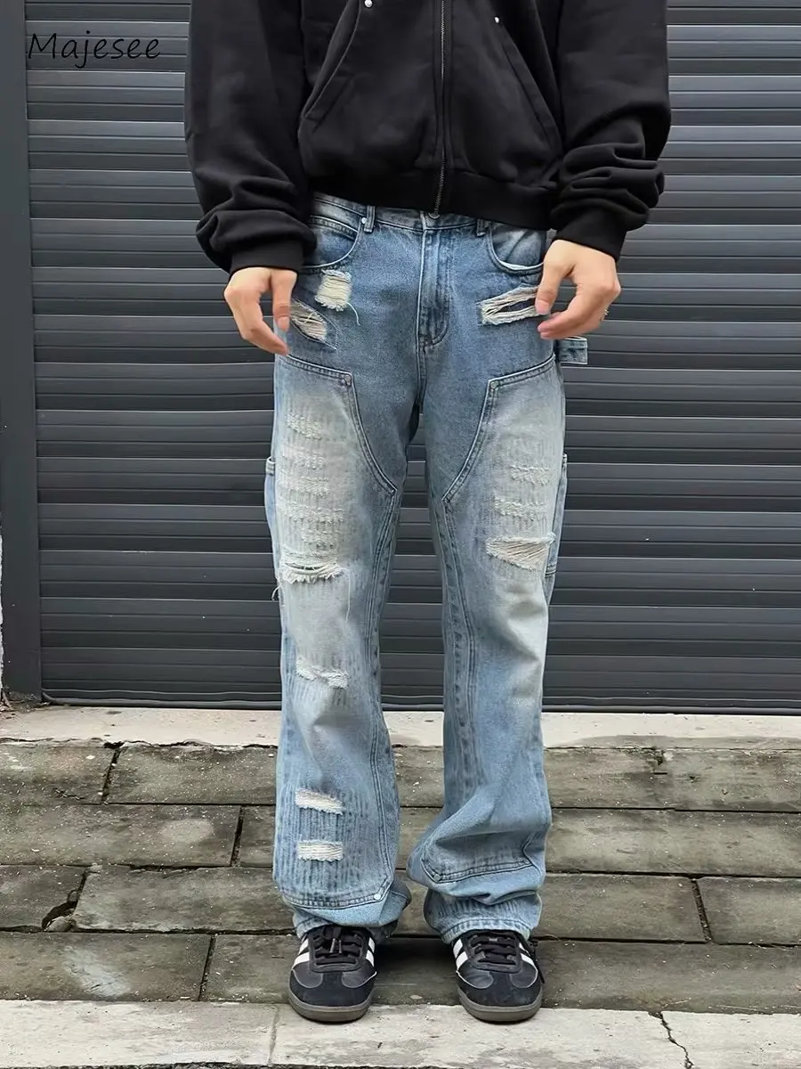 

Asymmetrical Jeans Men Ripped Do Old Denim Streetwear Japanese Style Baggy Fitness Youthful Vitality Advanced Minimalist S-3XL