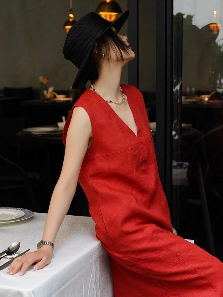 Boho Angora Czerwona Lniana Kamizelka z Dekoltem w Serek Damska Letnia Elegancka Wycięta Wyszczuplająca Kamizelka do Chodzenia na Zewnątrz