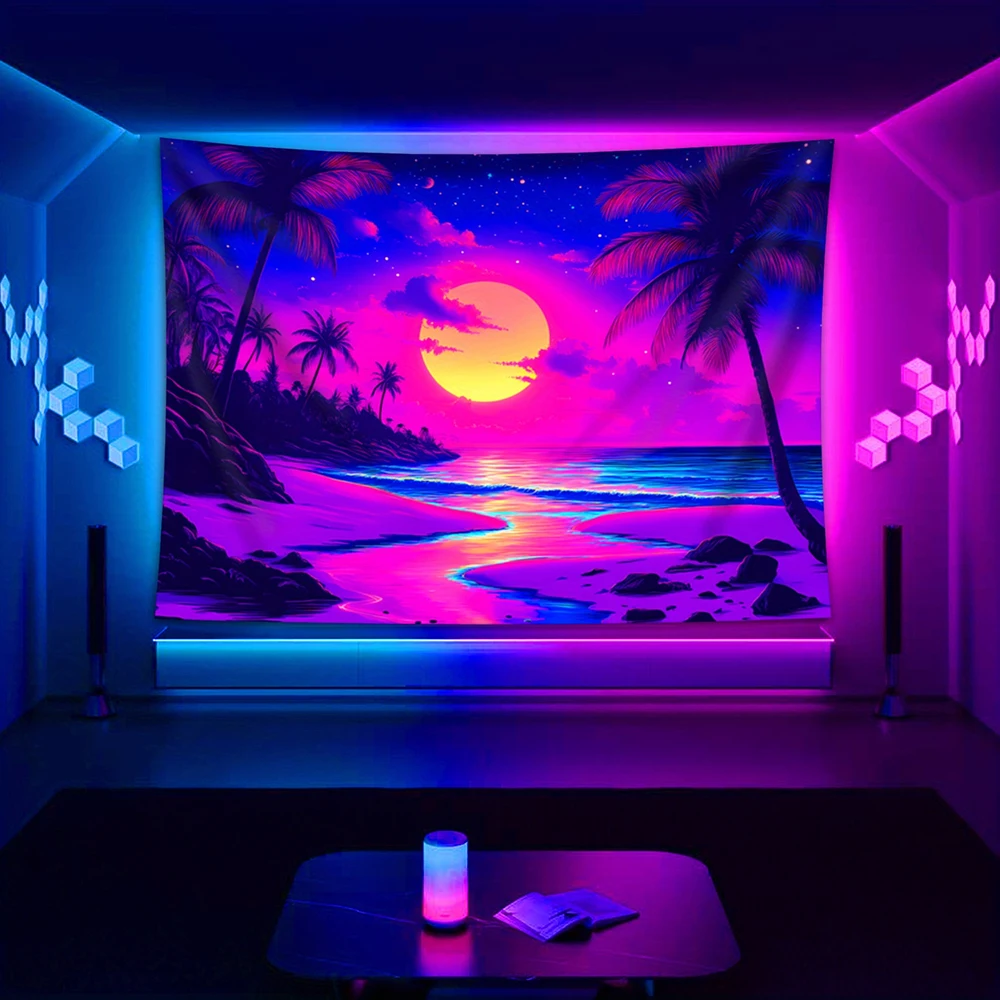1pc Neon Retro Synthwave Beach Sunset Tapestry, Blacklight UV Reactive Tropical Palm Tree Coastal Wall Hanging for