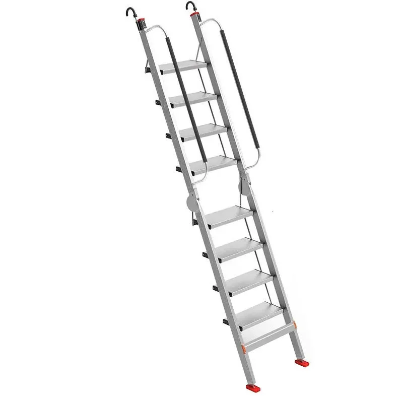 Household Aluminum Folding Loft Ladder - Telescoping Heavy-Duty A-Frame Ladder Multi-Functional Indoor Step Ladder with Handrail