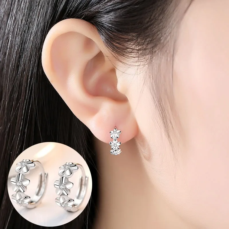 925 Silver Needle New Women's Crystal Zircon Earring Flower Type Three Five-leaf Flower Earring Charm Jewelry Accessories