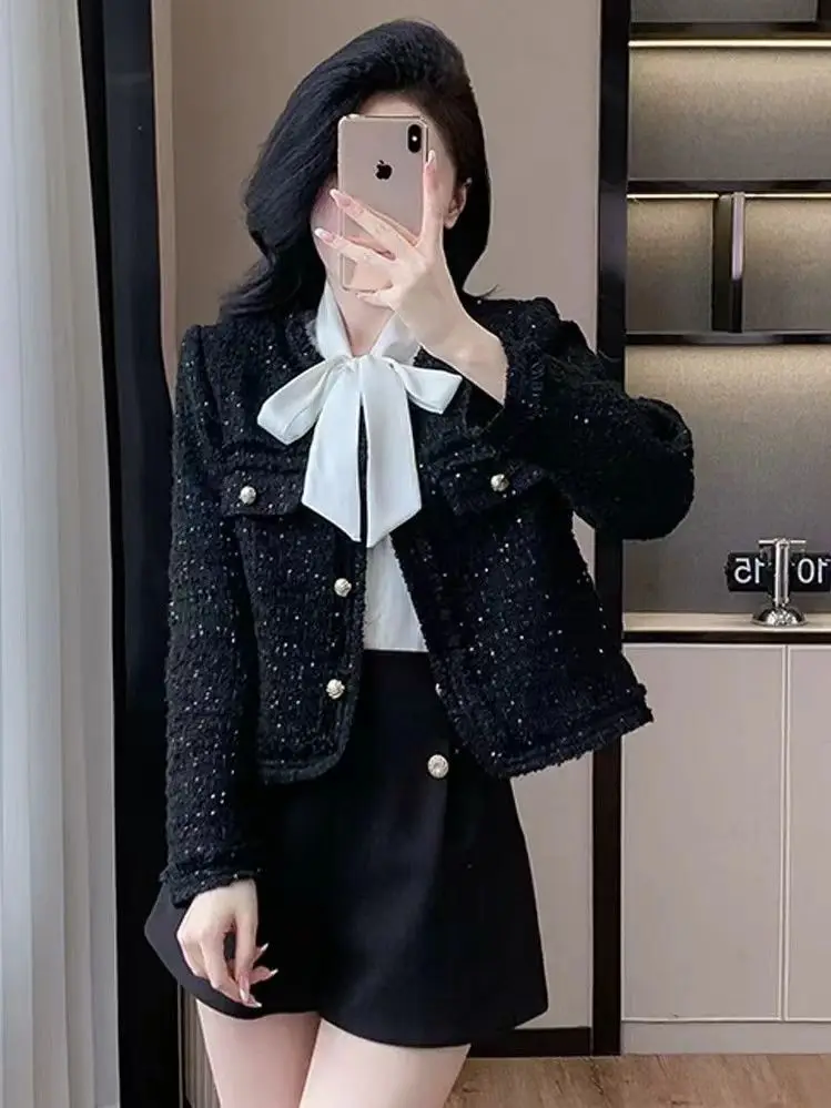 Shan Style Short Coat Korean Version High Quality Thick Tweed Design Versatile Slimming Sequin Top for Young Women