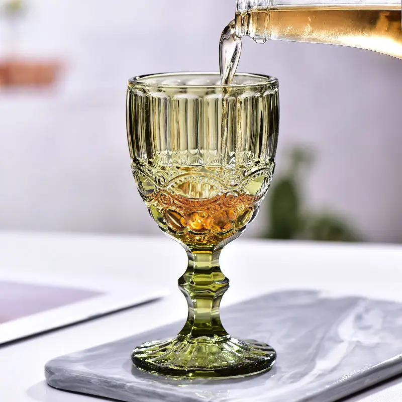 1 Piece 240ml 8oz Vintage Embossed Solid Color Goblet Amber Green Blue Purple Wine Glasses Goblet Stemware Glass Cup Table Decor