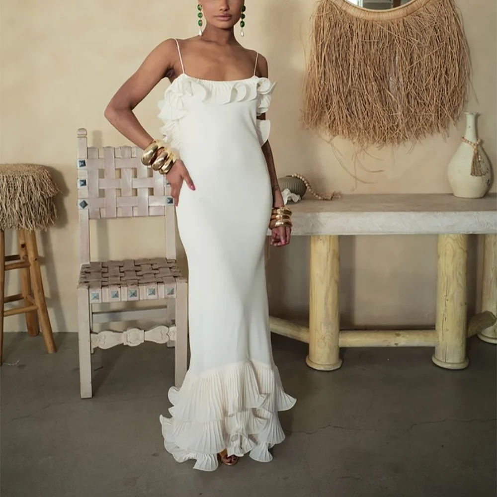 فساتين سهرة أنيقة مجعدة حورية البحر برقبة دائرية وأشرطة سباغيتي بدون أكمام بطول الأرض فستان حفلات خاص للنساء