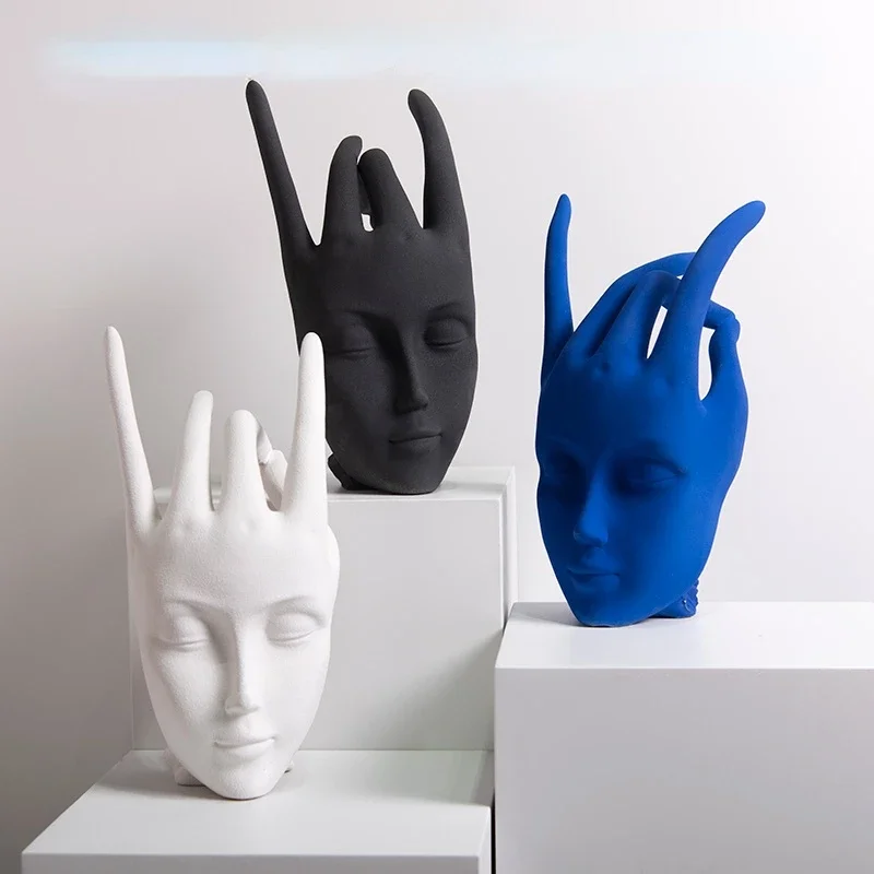 

Matte Blue Ceramic Face Statue Ornament Creative Aesthetic Finger Crafts B&B Hotel Room Display Statue Ornament Home Decoration