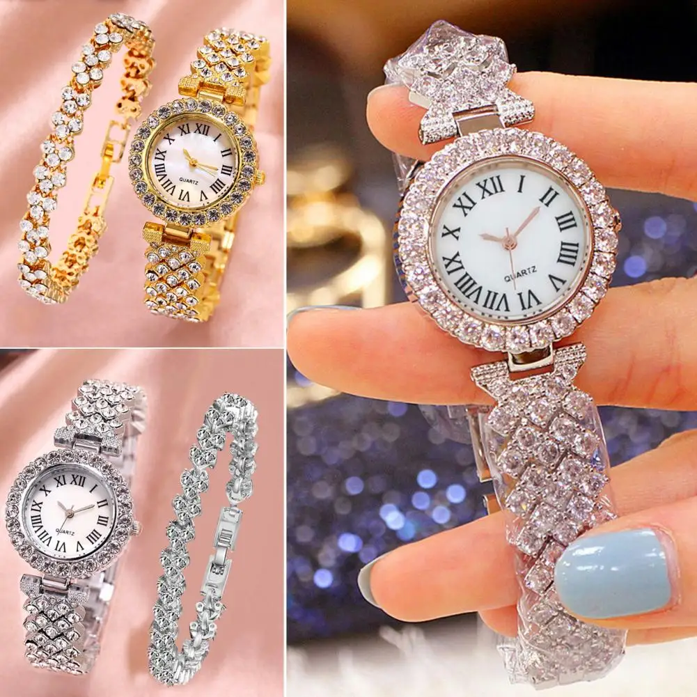 

2Pcs/Set Women Watch Bracelet Kit Round Dial Shiny Rhinestones Inlaid Roman Numerals Pointer Display Accurate Decorative Gift La