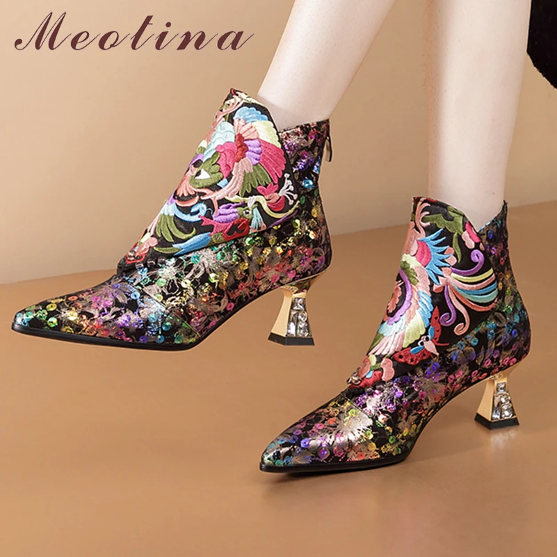 

Meotina Women Genuine Leather Ankle Short Boots Pointed Toe Thick High Heels Zipper Embroidery Flower Ladies Shoes Autumn Winter