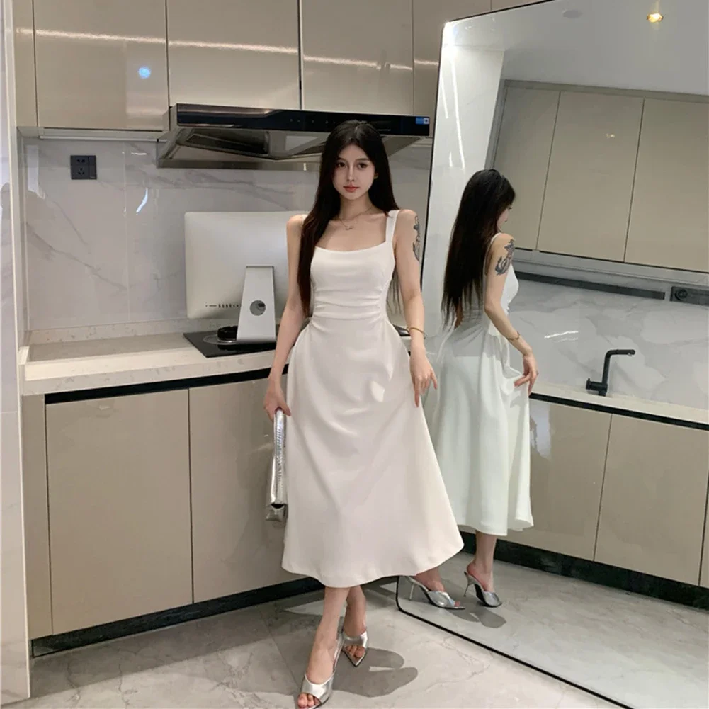 Cocktail Vacation Holiday Dress Skirts Elegant Long Sleeveless Slight Stretch Solid Color Square Collar Summer