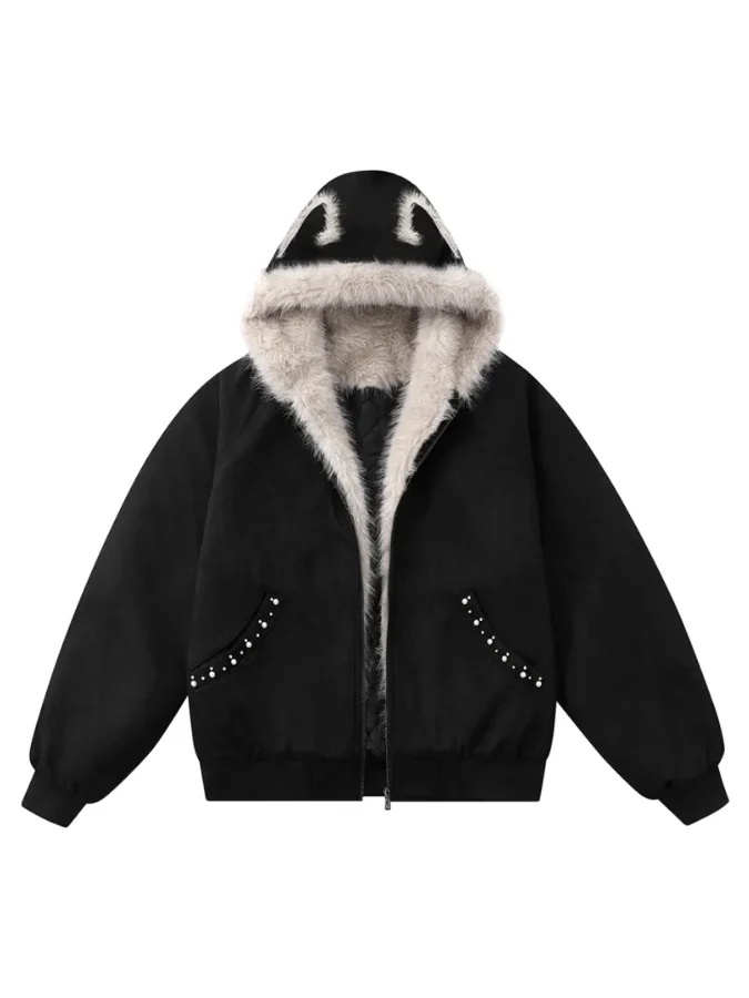 

Свободный крой на молнии спереди с жемчужной вышивкой, замшевый воротник, хлопковая куртка для подростков, теплая повседневная верхняя одежда Thi Long Sve