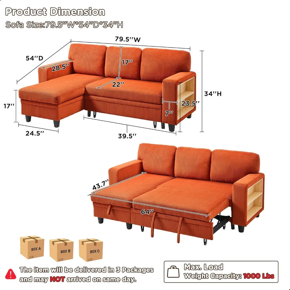 80” Sofa, L-Shaped Combo Sofa with Storage Recliner, 2 Built-In Bookshelves and USB Charging Port, Ergonomic, Sofa Bed