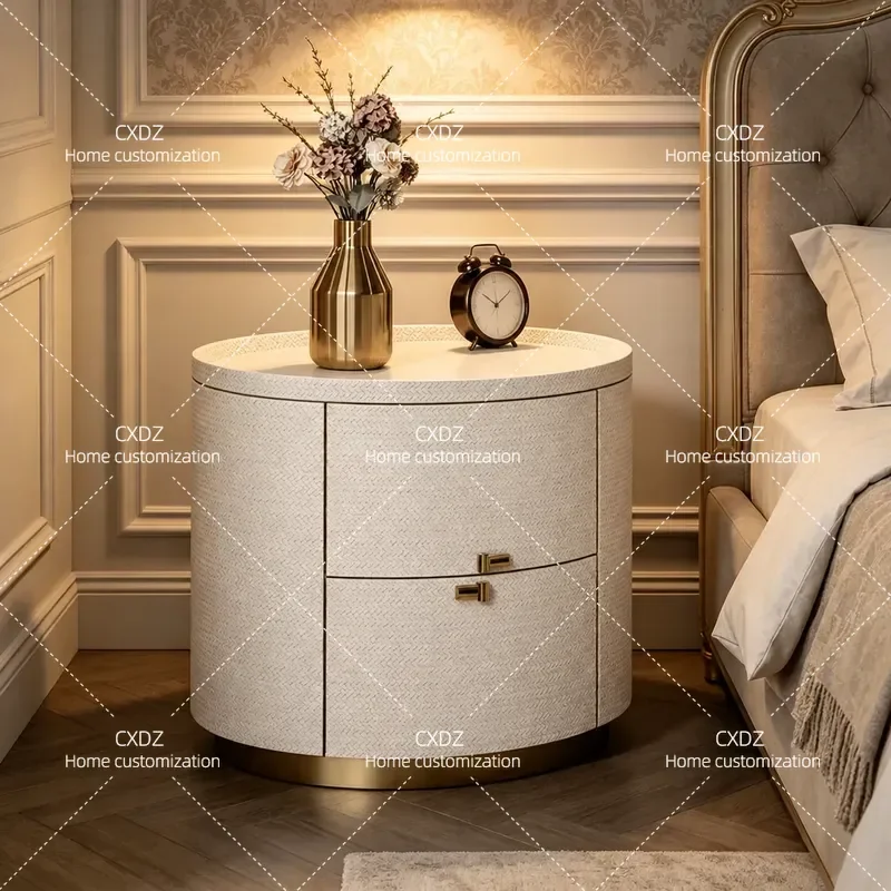 Italian Minimalist Solid Wood Bedside Table Woven Pattern Oval Stone Top High End Nightstand Small Side Table for Bedroom