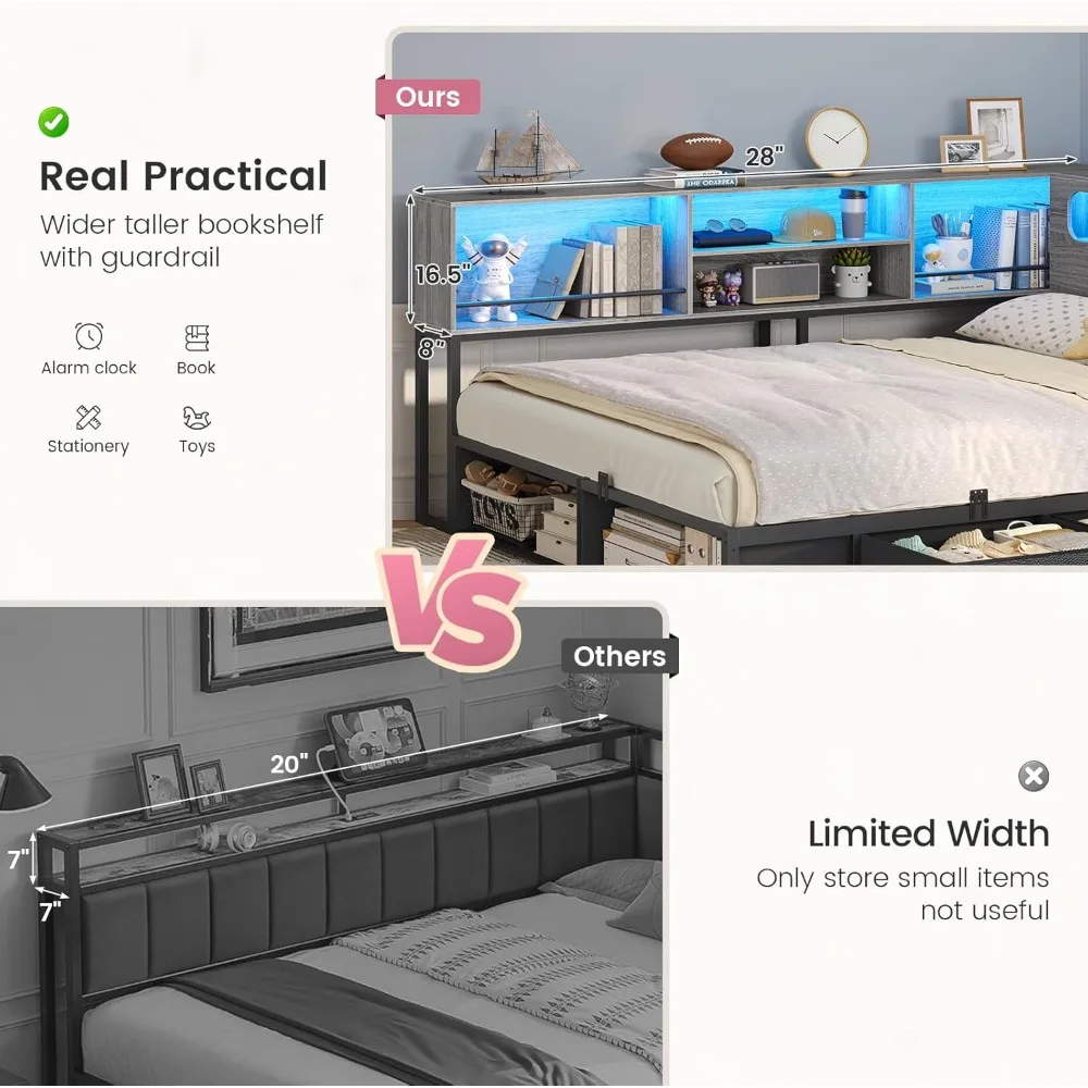 Полноразмерный угловой каркас кровати с местом для хранения книжного шкафа, RGB-подсветкой, зарядной станцией, металлической кушеткой, 3 ящиками и 2 открытыми полками