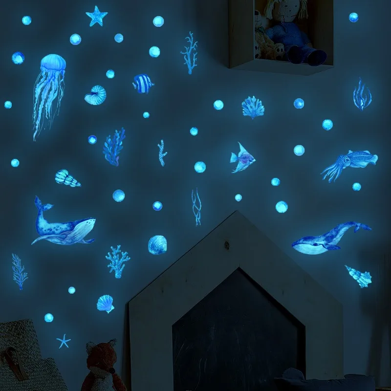 Luminous Fish Octopus Wall Stickers Underwater World Decal Glow In The Dark Stickers For Kids Rooms Kindergarten Wall Decoration