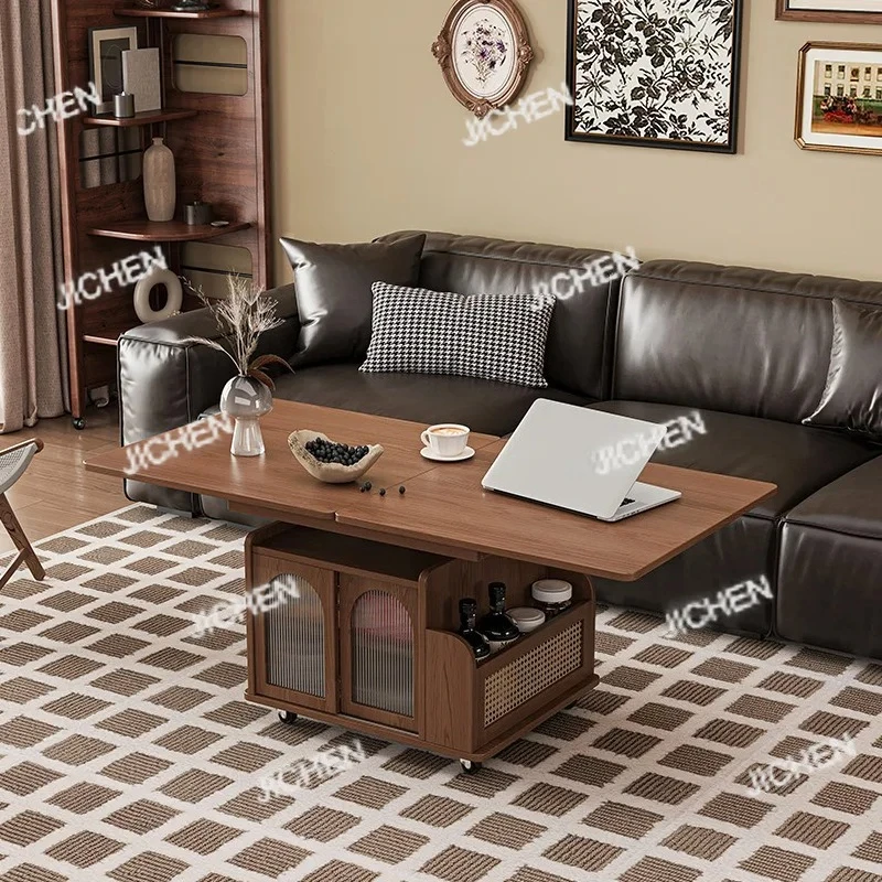 

Solid Wood Lifting Coffee Table Movable Cart Tea Table Folding Dining Dual-purpose Teae Living Room Sofa Side