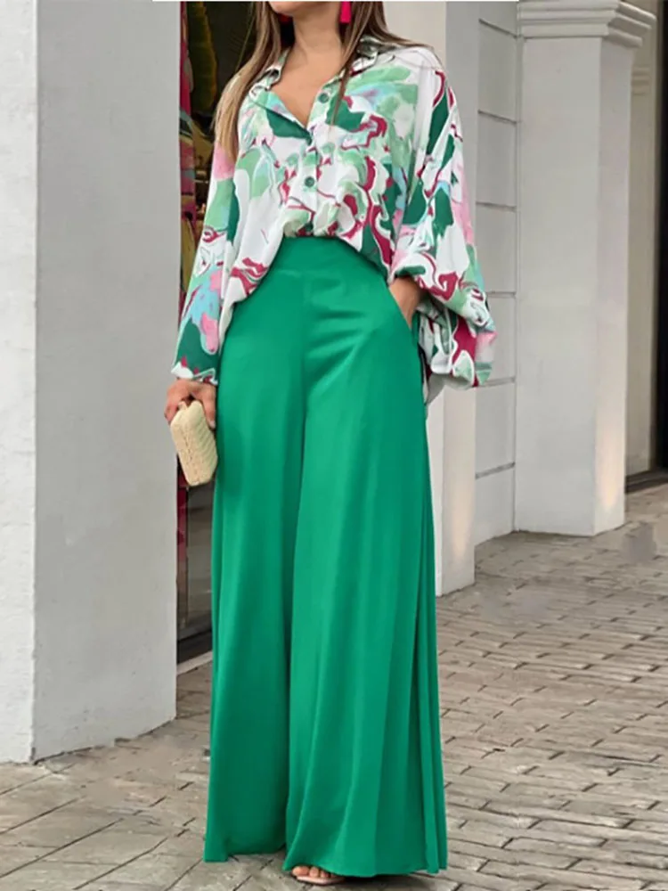 

Women Spring Polo Collar Printed Blouse and Wide Leg Pants Suit