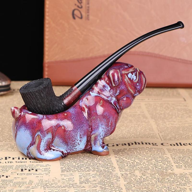 Brierwood Pipe Handmade Tobacco Pipe 9MM Filtered Solid Wood Tobacco Pipe Dry Tobacco Pouch Men\'s Tobacco Set