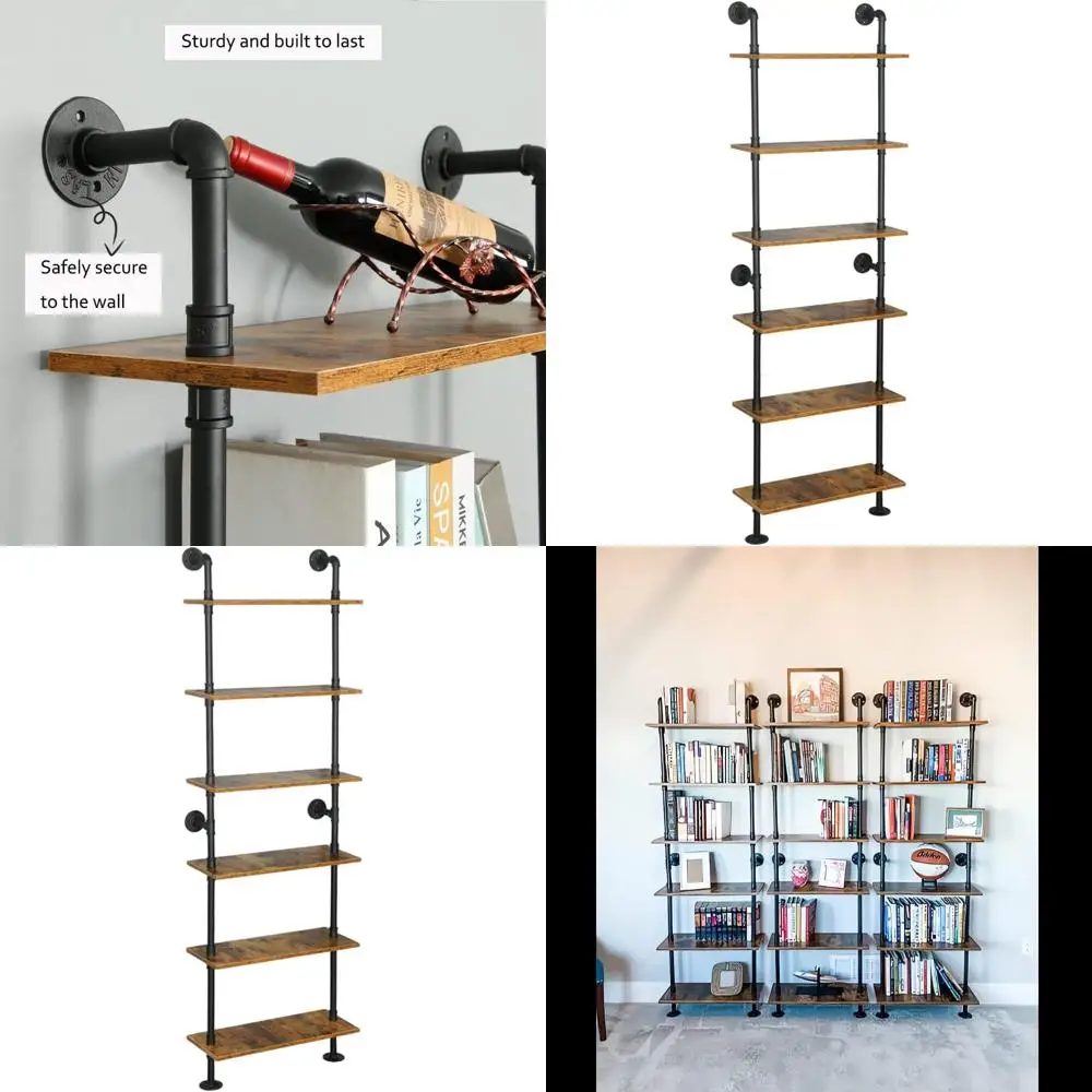 

6-Tier Ladder Style Metal Frame Bookcase, Wall-Mounted Wood Shelves for Home and Office