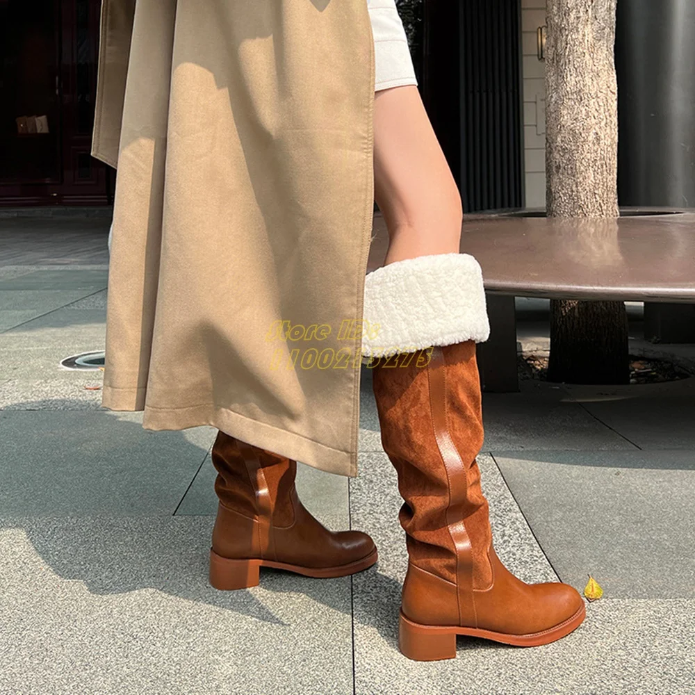 Fur lining Over The Knee Boots Round Toe Block Heel Patchwork Turn Over Runway Winter Women Dress Shoes Brown Black