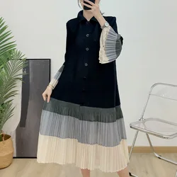 KAF Women Dresses Lapel Long Sleeve Single-Breasted Color Blocking Design Loose Large Size Female Dresses 2025 Spring Fall Hew