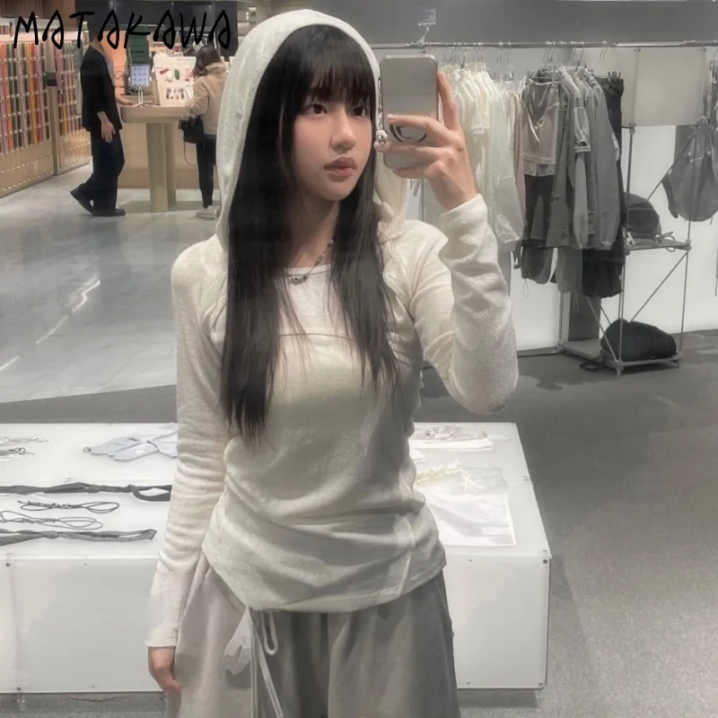 

Matakawa Y2k Hooded Knitted T Shirt for Women Solid Thin Spring Summer Loose Ropa De Mujer Ins Fashion Simple Camisetas