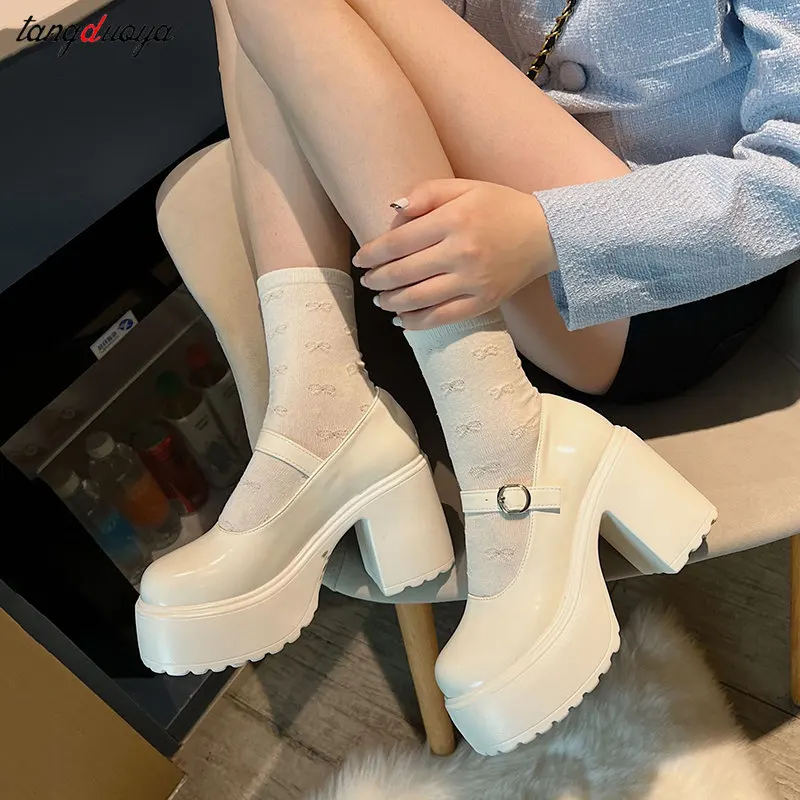 white platform heels Gothic Punk Shoes Platforms Mary Jane Shoes Fashion Ladies Uniform Thick Heel Shoes College Lolita Pumps