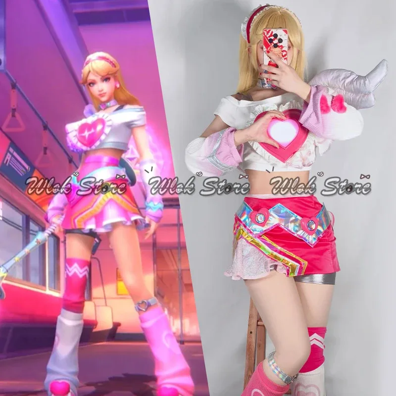 

Game LOL Luxanna Crownguard Cosplay Costume Wig the Lady of Luminosity Valentines Day Skin Pink Dress Halloween Party Outfits