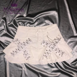 Japanese Harajuku Girls Cute White Lace Cross Denim Skirt Y2k Women Preppy Style High Waist Ruffles Pleated Mini Shorts Skirts