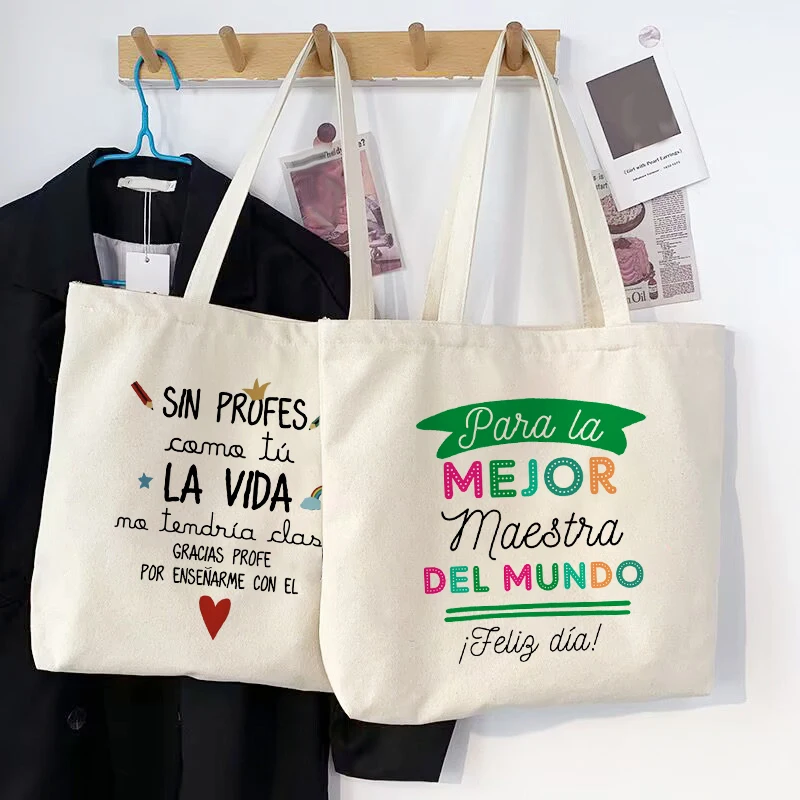 Best Teacher in The World Spanish Print Shoulder Bag Women Canvas Shopping Bags Female Handbags Reusable Tote Gifts for Teacher