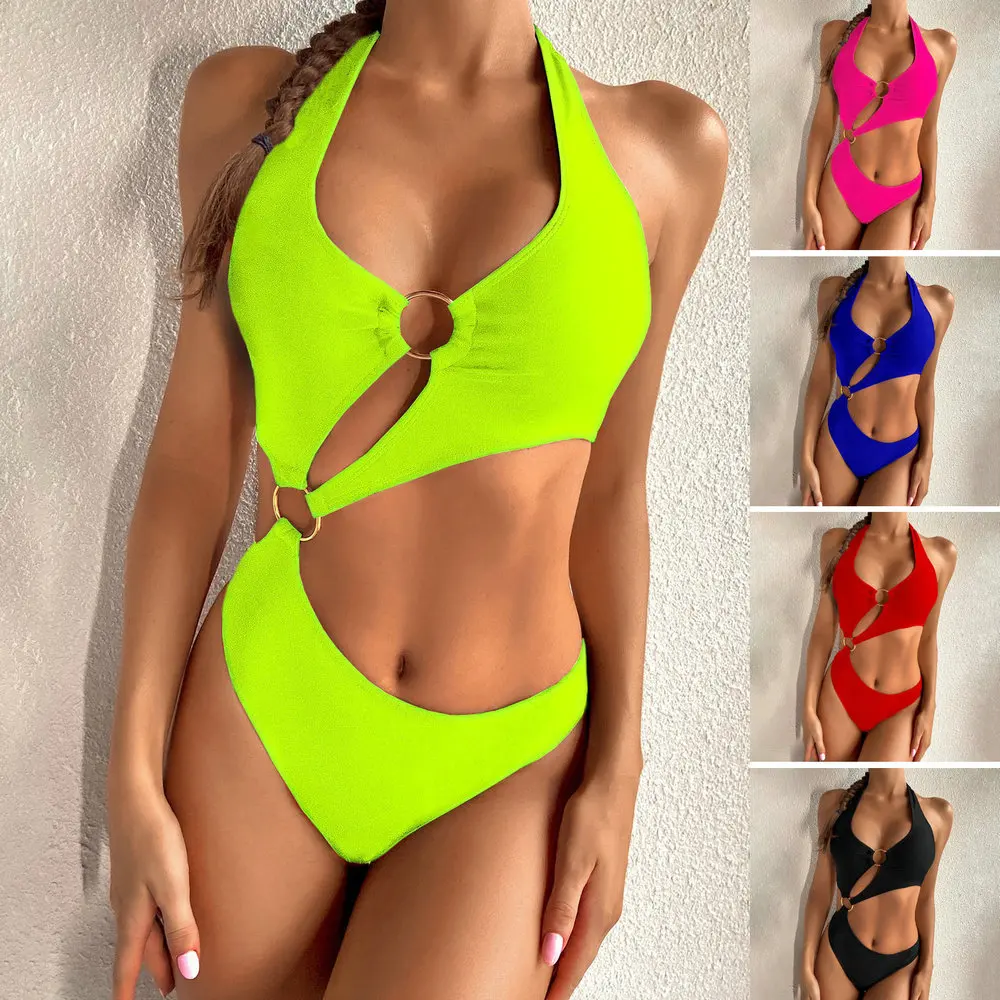 ชุดว่ายน้ำวันพีซแบบผูกคอ ไหล่เดียว ทรงไม่สมมาตร รุ่นเซ็กซี่ ปี 2025 สำหรับผู้หญิง