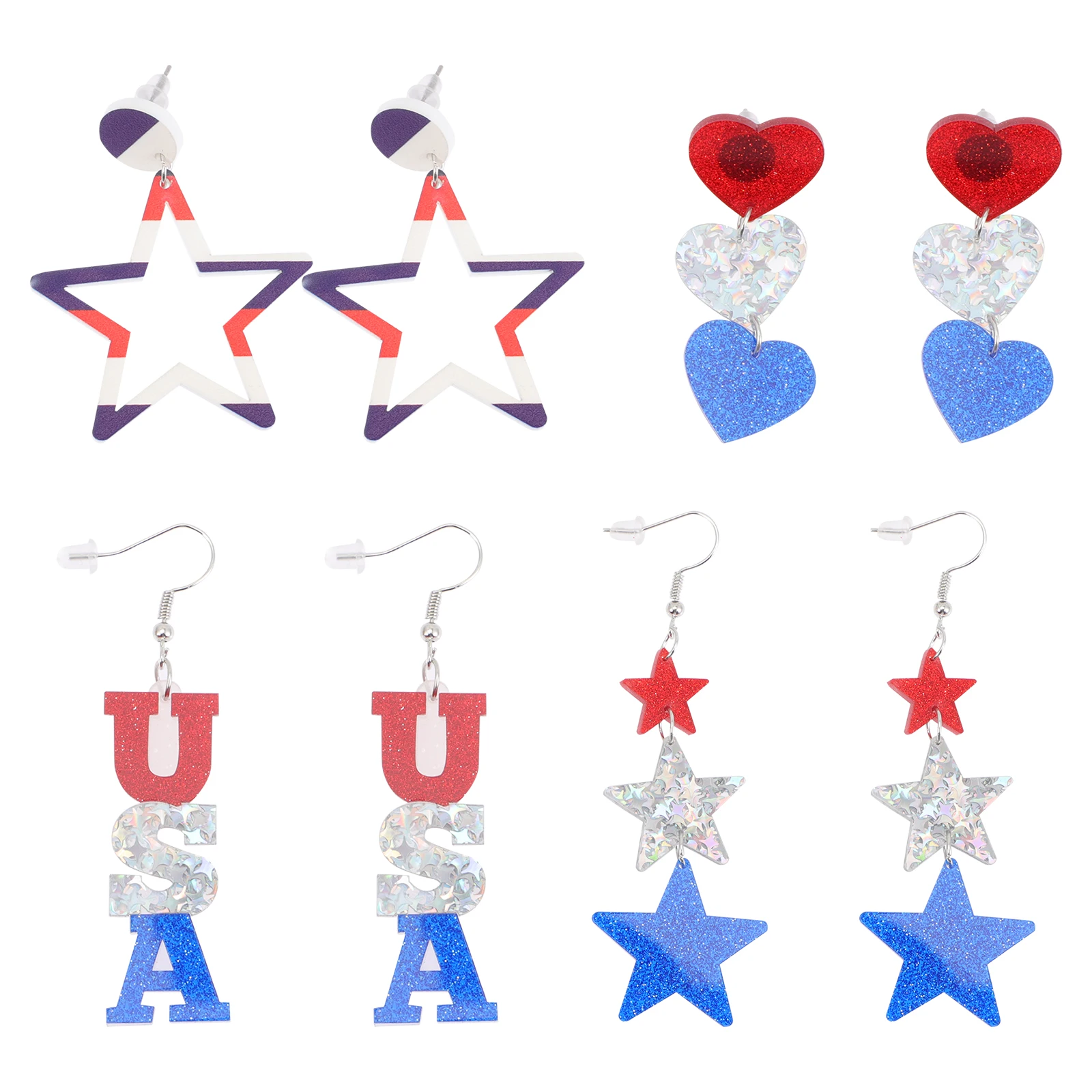 

4 Pairs USA Acrylic Hanging Earrings for Women Patriotic Independence Day 4th of July American Studs Fashion Accessories