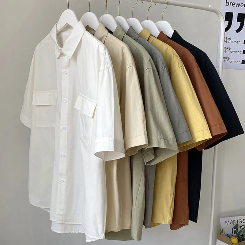 Summer Soild Men's Loose Short Sleeve Shirt Couple Turn-down Collar Pockets Shirts And Blouses Men Harajuku Button Up Tops