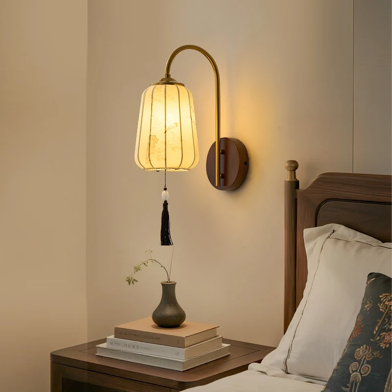 Retro Wooden LED Wall Lamp Printing Fabric Lantern Light Tri-color Dimming Living Room Bedroom Tea House Cafe Restaurant Sconces