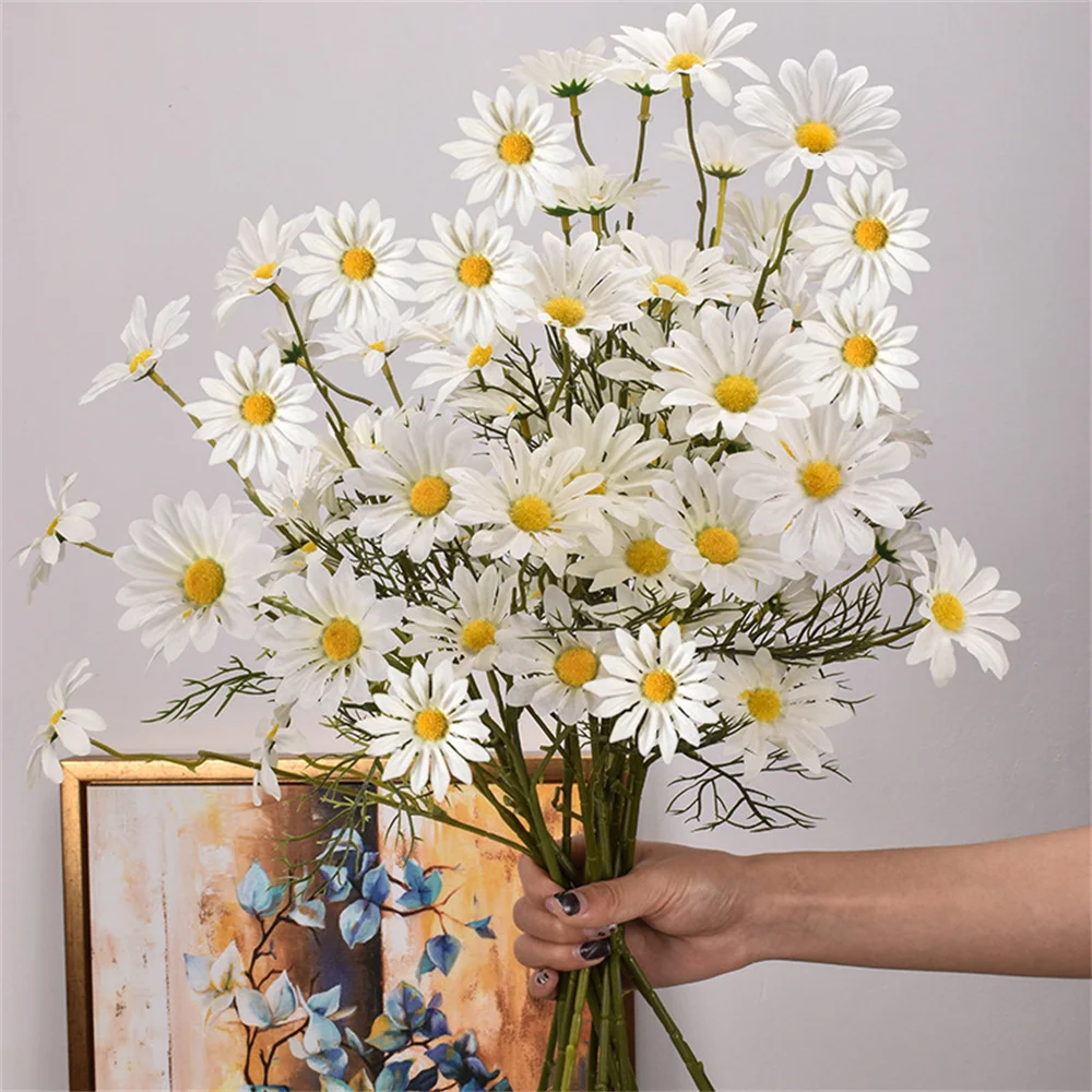 

52cm Yellow Daisy Artificial Flowers Decorative 5 Flower Head Silk White Chamomile Home Desktop Decorative Vase Fake Flowers