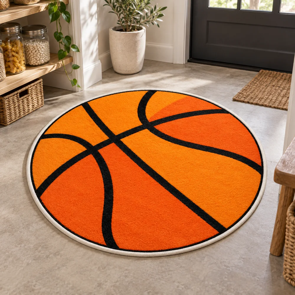 Basketball Round Rug, Orange Sports Ball Floor Mat, Athletic Theme Decor for Bedroom, Living Room, Kids Room, Game Room, Gym