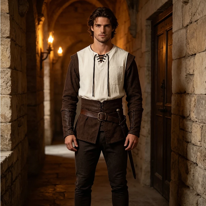Medieval Gothic Lace Up Pirate Shirt - Mittelalterliche Piratenhemden für Männer, Schnürhemd, ärmellos,