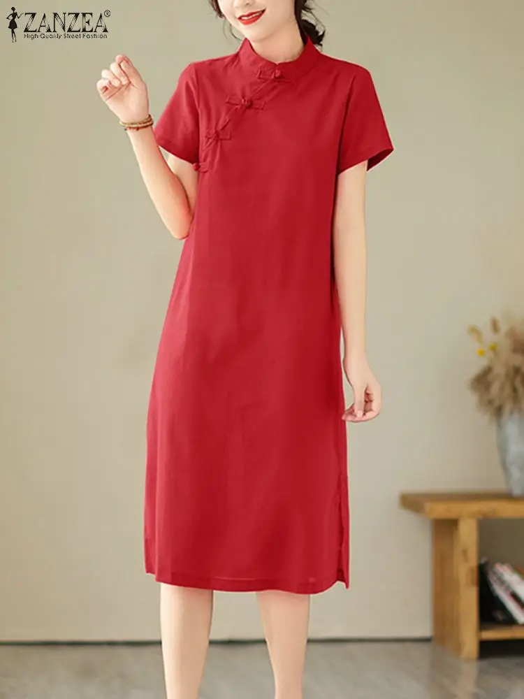 ZANZEA-Robe Mi-Longue Vintage à Manches Courtes pour Femme, Tenue de Soirée Élégante, Décontractée, Couleur Unie, à la Mode, Vacances, Été