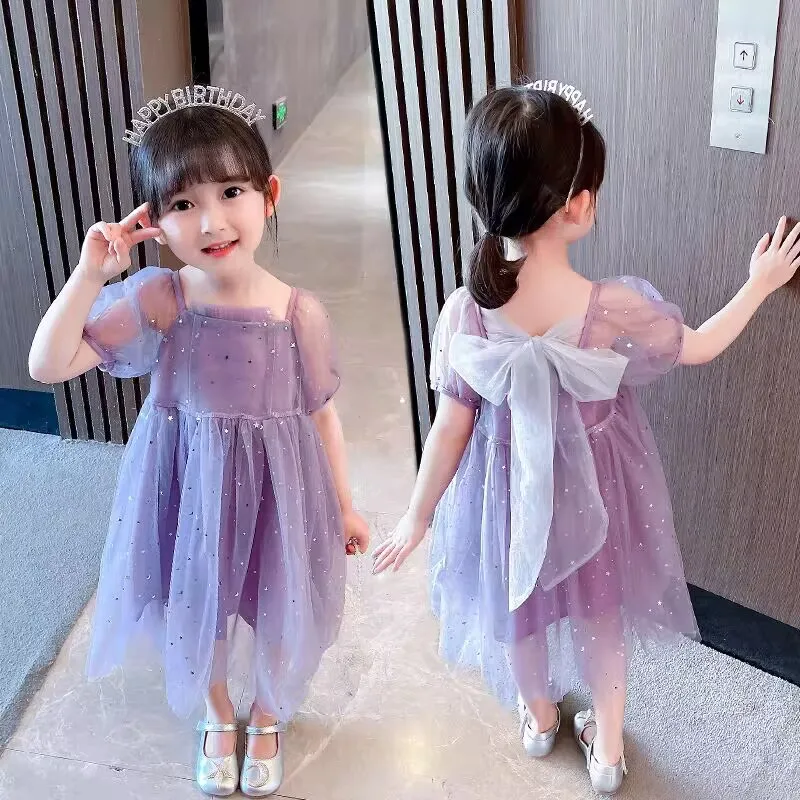 New Summer Girls Princess Dress with Sequin Tulle Puff Sleeves Party Dresses Purple Casual Dresses for Kids