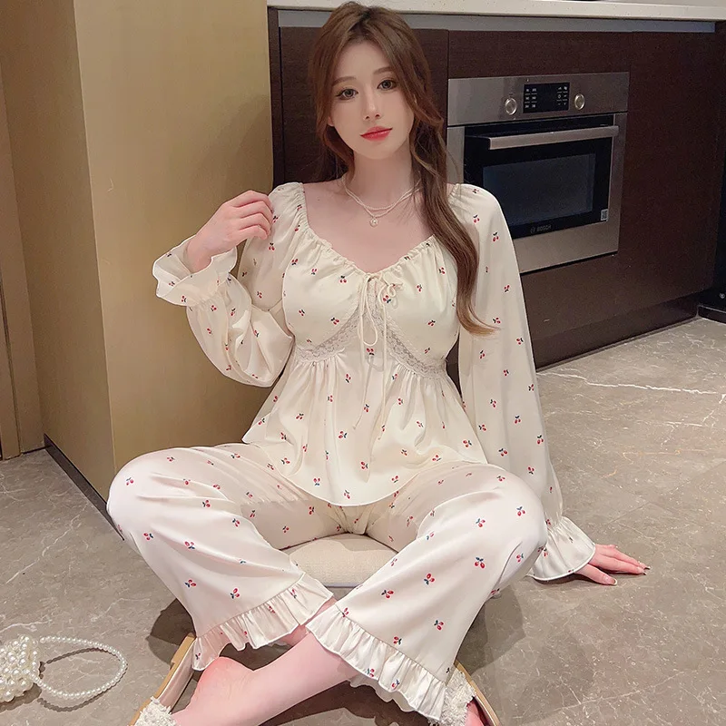 Pajamas Print Flower Sleepwear V-Neck Nightwear with Chest Pad Ice Silk Princess Style Top&pants Pour Femme Pyjamas Home Clothes