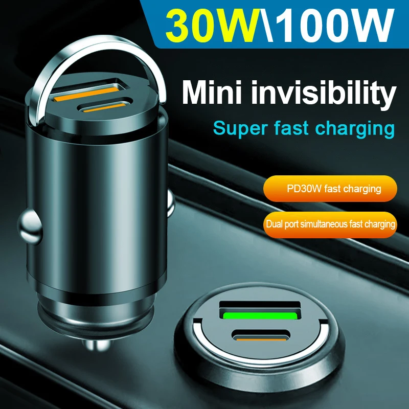 100W Invisible Car Dual Port Mini USB Charger Ultra Fast Charging Phone Charging Adapter Universal Mini Portable Car Charger