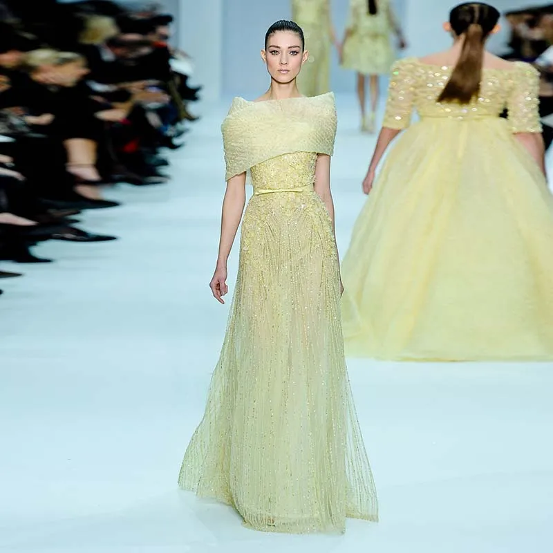 

L537 Customized yellow Flowers Beaded A-line فساتين السهرة vestidos de fiesta فساتين سهره evening dresses