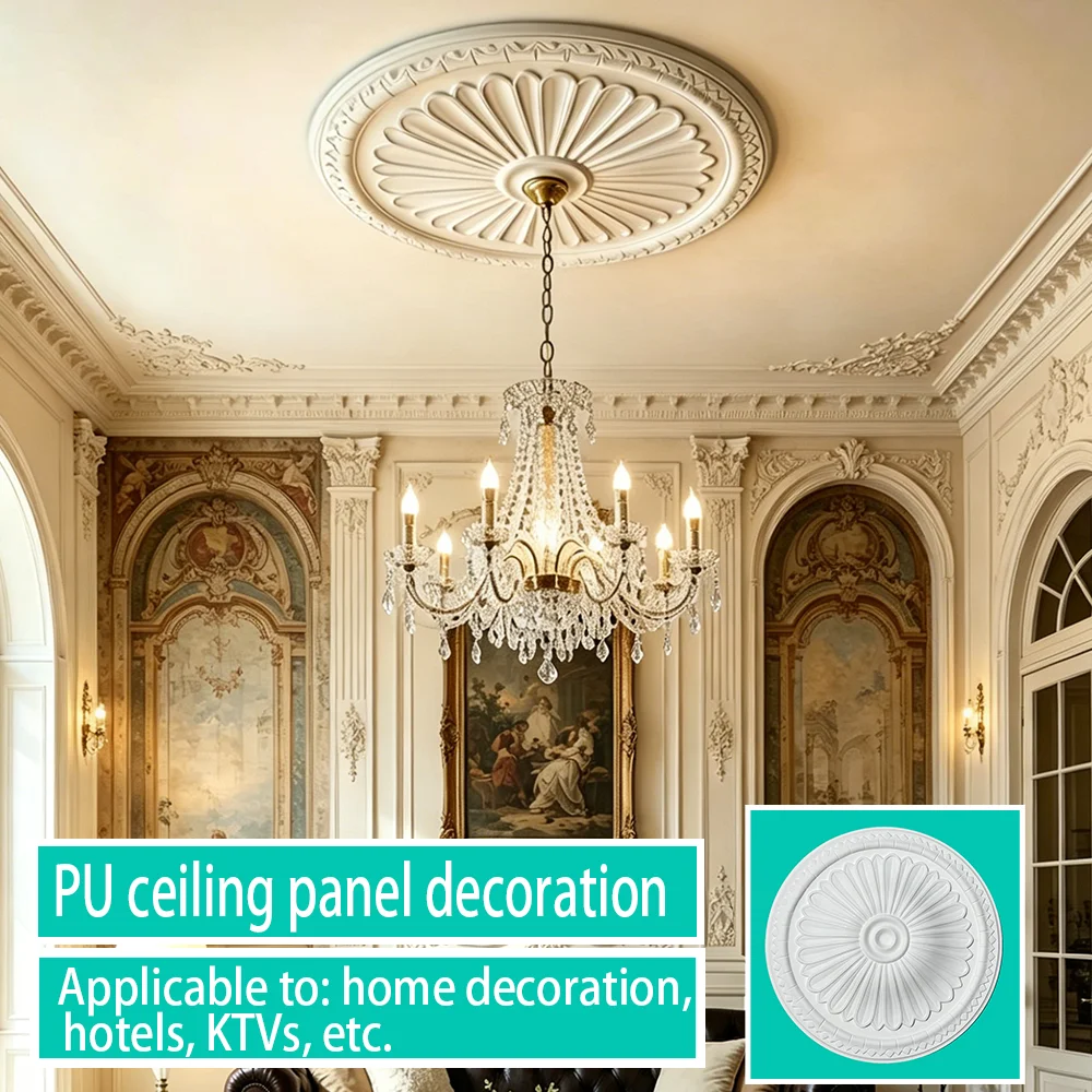 Retro Floral Carved PU Ceiling Medallion Durable Polyurethane Round Lamp Base Plate Elegant Indoor Ceiling Decoration For Living