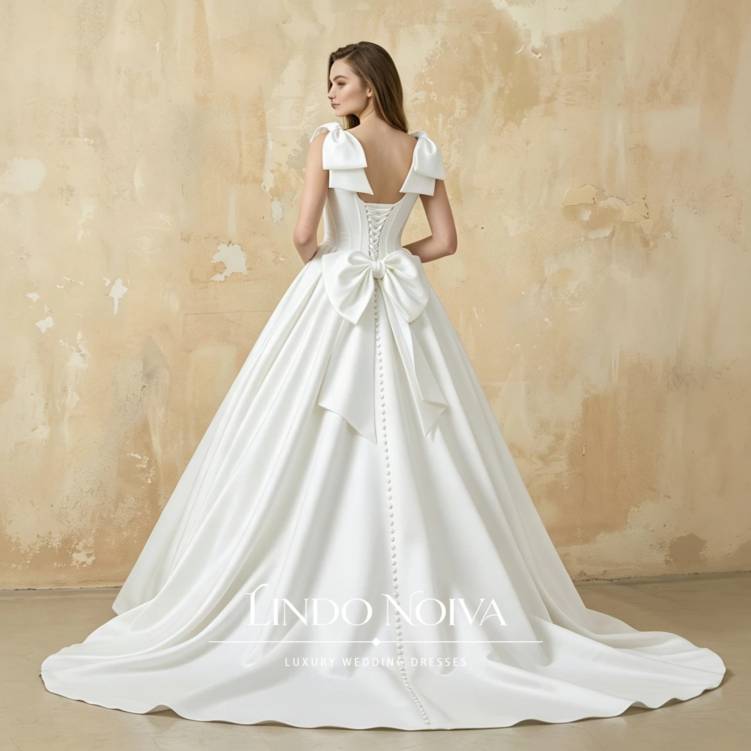 LINDO NOIVA Square Neck Satin Wedding Dress Detachable Shoulder Bow Straps Bridal  Large Back Bow Vestido De Novia