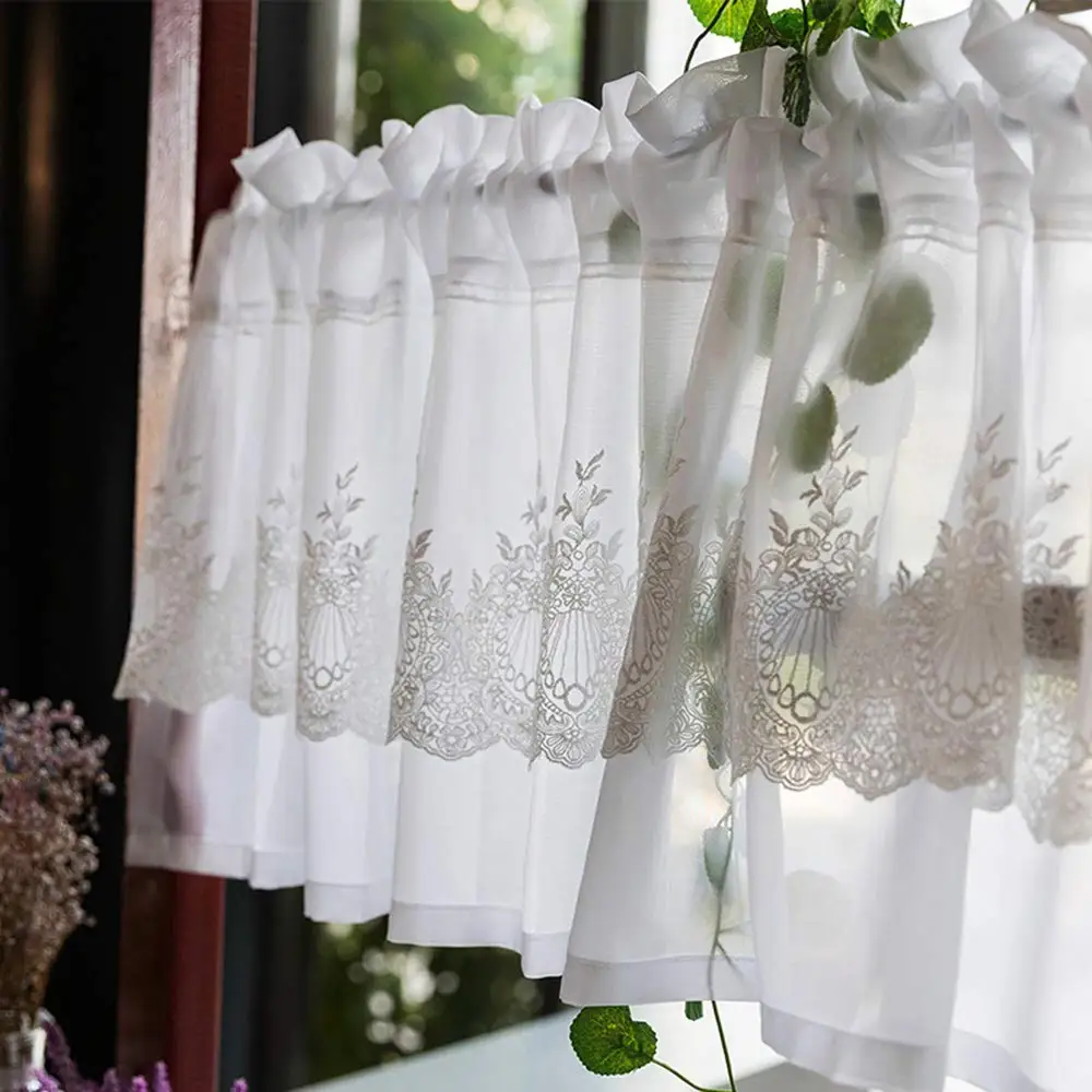 Curtains，Voile Short Curtain White Kitchen Valance Embroidery Cafe Curtains Half Curtains with Lace for Home