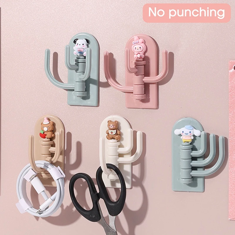 Sanrio No Punching Hook Rotatable Multi-purpose Three-hook Wall Mounted Storage Rack Cinnamoroll Kuromi Traceless Sticky Hook